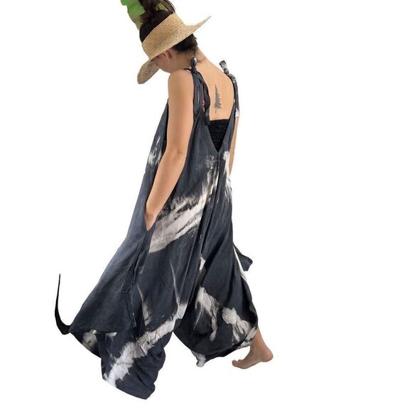 Pōʻalima Charcoal Gray Ivory Tropical Boho Wide Leg Beach Romper - Picture 13 of 16